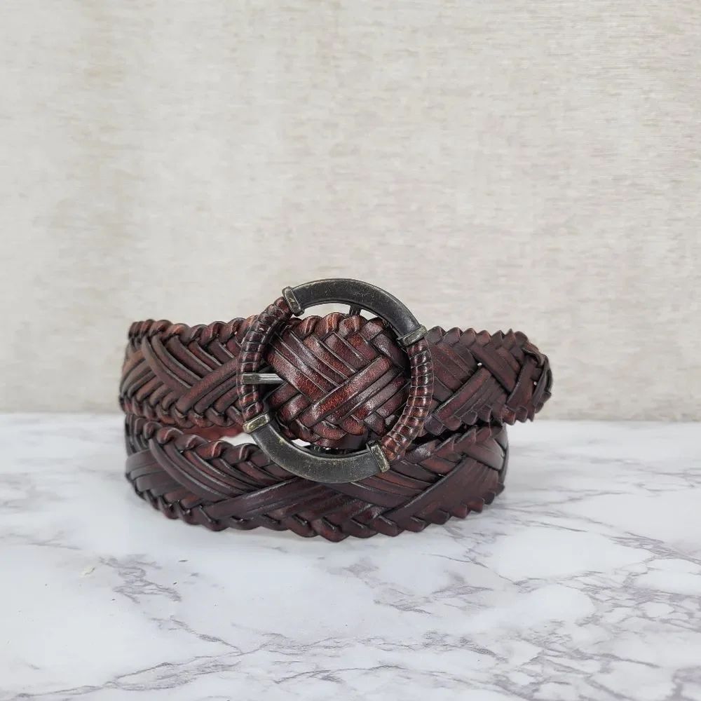 Braided Woven Leather Belt with Round Buckle Brown with Deep Red Undertones